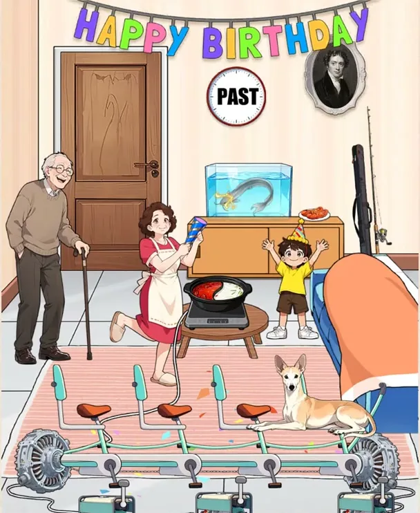 Сцена уровня 157 «Семья генерирует эл-ть» в Brain Puzzle: Tricky Quest